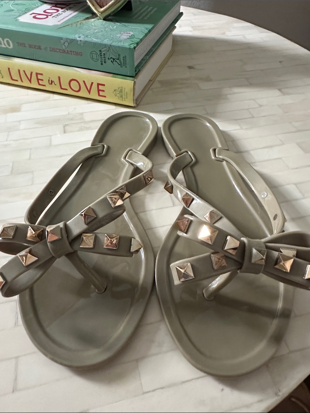Women’s Taupe Bow Jelly Sandals with Gold Studs